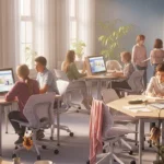 Modern learning space design with flexible furniture, collaborative zones, and technology integration.