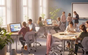 Modern learning space design with flexible furniture, collaborative zones, and technology integration.