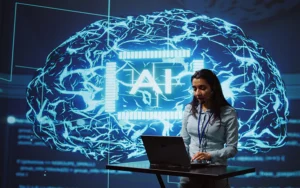 School district leaders reviewing AI procurement RFP requirements while teacher uses AI tool in classroom