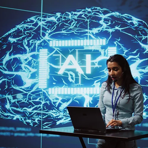 School district leaders reviewing AI procurement RFP requirements while teacher uses AI tool in classroom