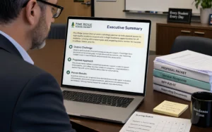 K-12 evaluator reviewing an executive summary with highlighted sections like district challenge, approach, and results, while other proposal documents sit in the background in a school office setting.