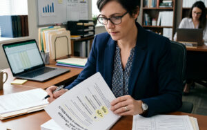 K-12 evaluator reviewing a proposal with highlighted proof points and measurable outcomes like student achievement gains and teacher adoption rates, alongside a scoring rubric in a school office setting.