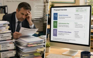 Split-scene showing a K-12 evaluator reviewing a large stack of proposals with AI scanning overlays on one side, and a clean, well-structured proposal with highlighted sections like student outcomes and implementation plan on a screen in a classroom setting on the other side.