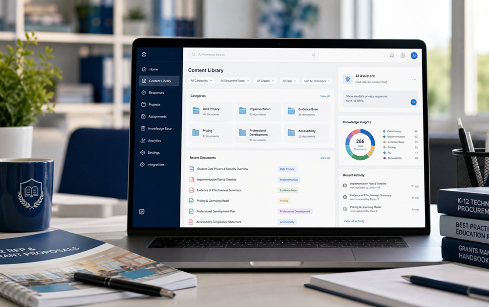 Education proposal content library dashboard for managing K-12 RFP and grant response content efficiently